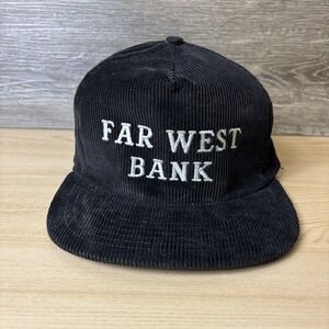 Vintage Far West Bank Hat Cap Snap Back Black Corduroy Embroidered Mens